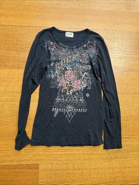 Edista Graphic Long Sleeve Tee Small Black Rock Roses Vintage Style Y2K
